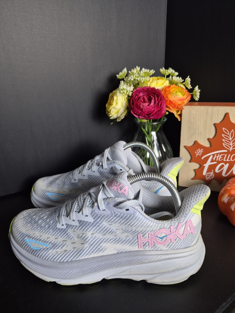 HOKA Women's Gray Running Shoes with Pink Logo. Size 7.5b